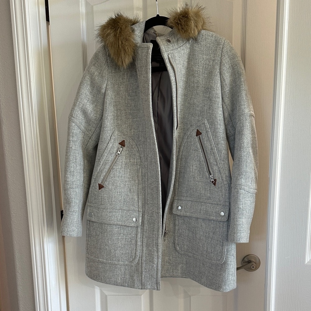 Gray Wool-Blend Coat with Faux Fur Trim